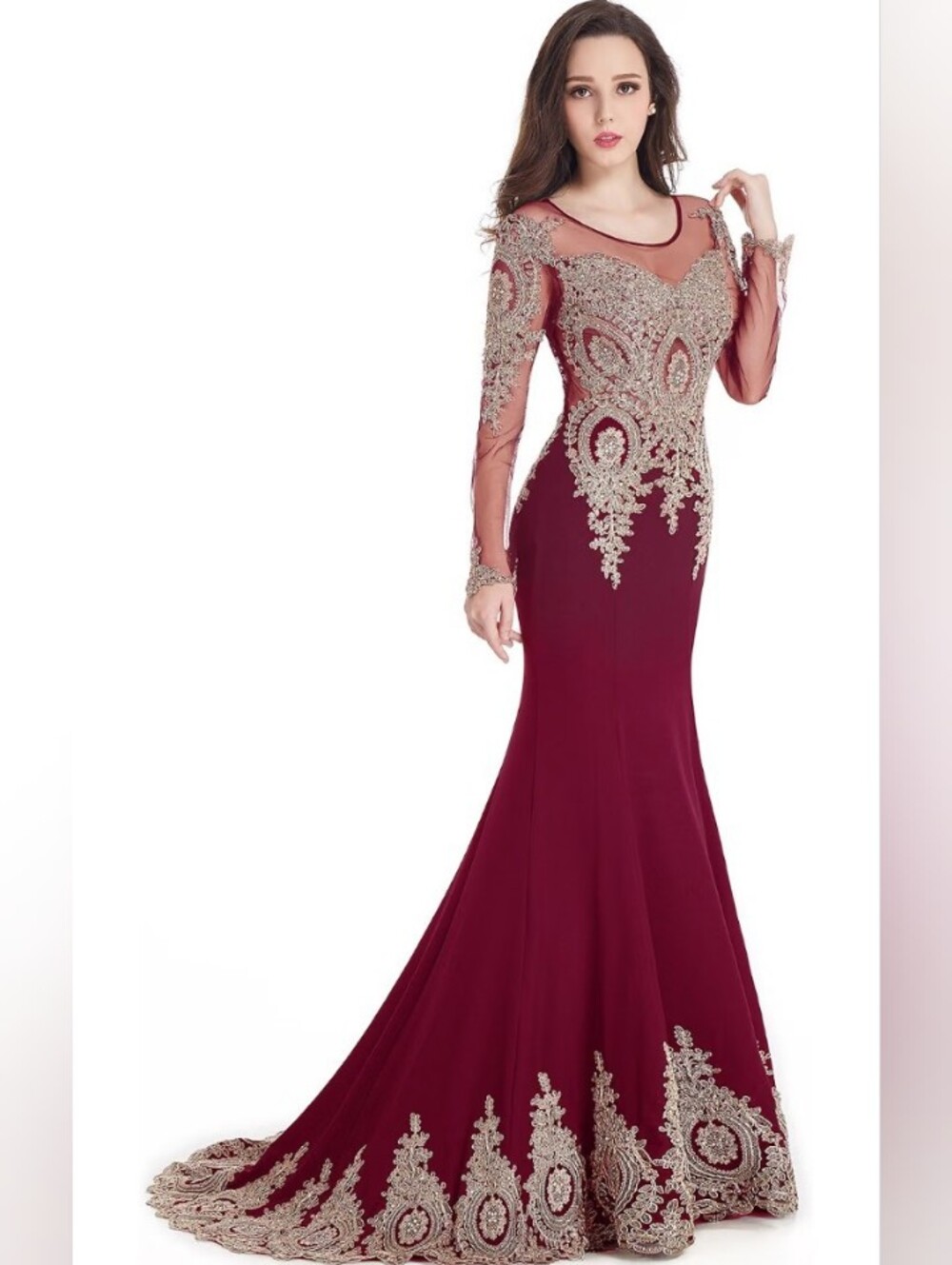 MisShow Burgundy & Gold Long Sleeve Lace Mermaid Dress.